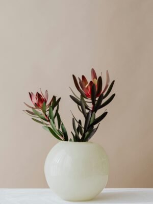Glossy Round Ceramic Vase with Red Floral Stems