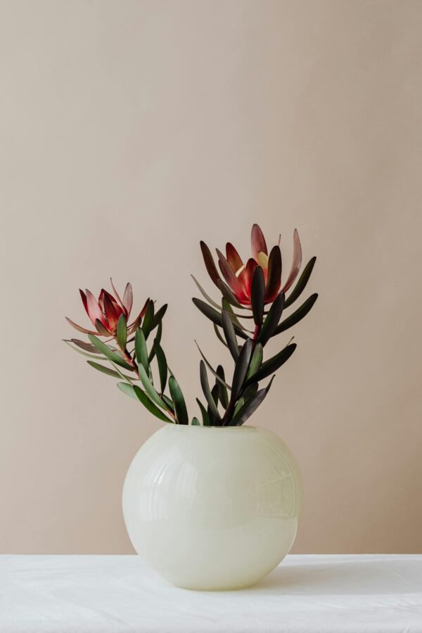 Glossy Round Ceramic Vase with Red Floral Stems